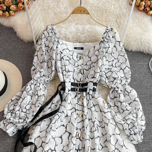 V-neck single breasted high waist slim lace dress 3124