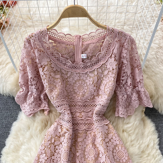 High waist slim water soluble hollow lace fishtail dress 2985
