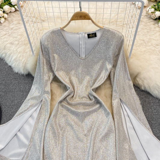 High waist V-neck flare flare sleeve dress 2871
