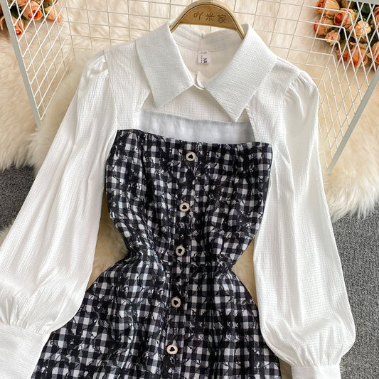 New design shirt collar patchwork chest cutout dress 3119