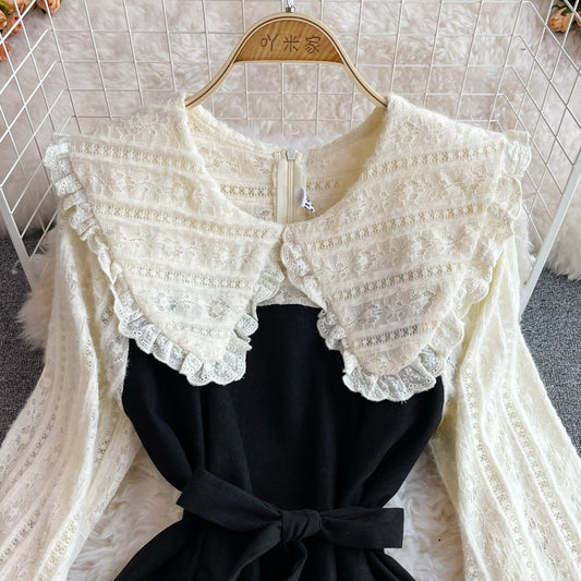 Vintage Lace stitched doll neck thin corduroy dress 3266