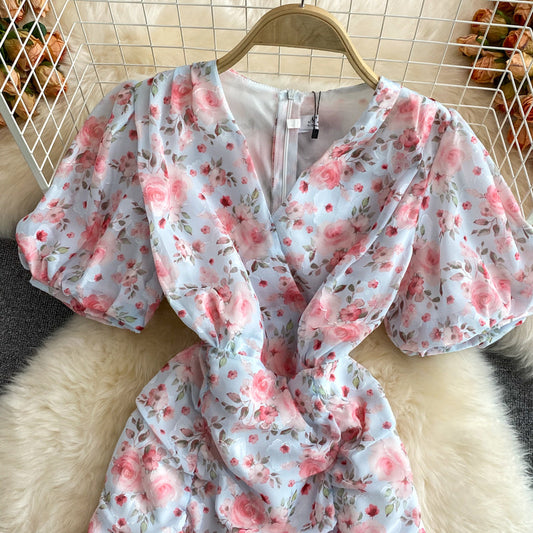 Gentle wind floral V-neck fishtail wrap hip Chiffon Dress 3346