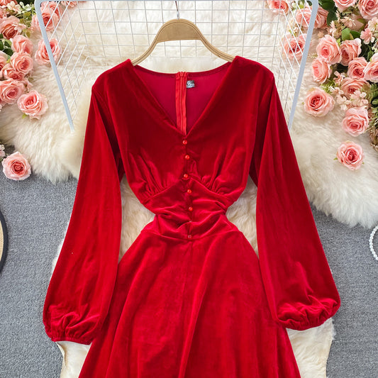 V-neck temperament high waist slim velvet dress 3089