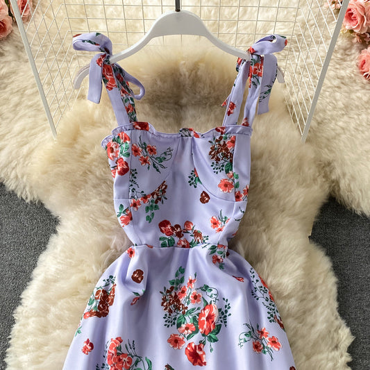 Bow tie floral medium length Ruffle Dress 3316