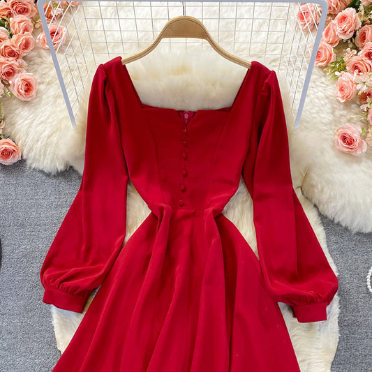 High waist Thin Red Square Neck Dress 3255