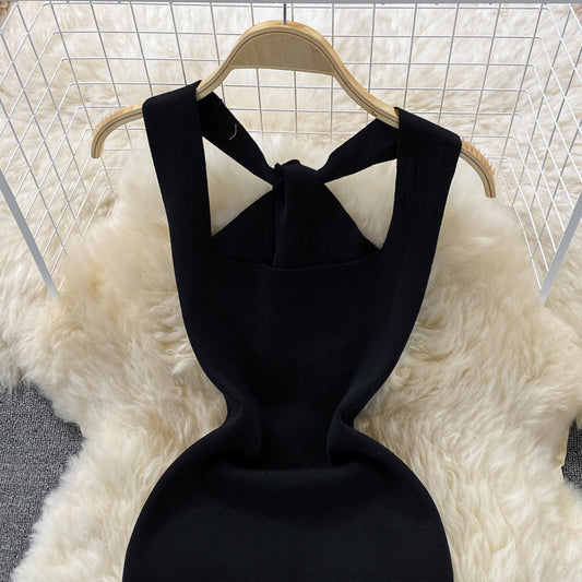 Hanging neck open back square neck knitted Hip Wrap Dress 2768