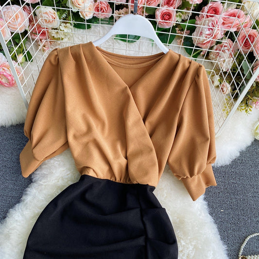 Light familiar commuter V-neck Pleated Dress 3291