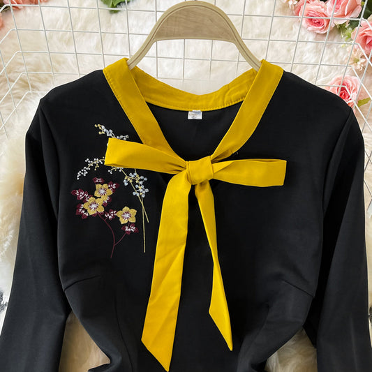Vintage embroidered dress high end sleeve slim A-line skirt 3239
