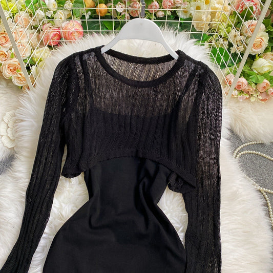 Long sleeved Knitted Blouse hip strap dress 2764