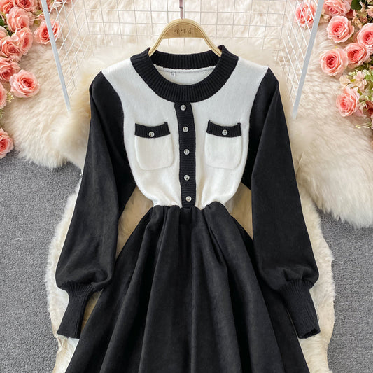 Waist crew neck knit stitched dress slim medium length A-line skirt 3118