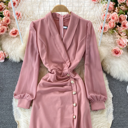 Suit collar waist slit dress elegant temperament Hip Wrap slit skirt 3233