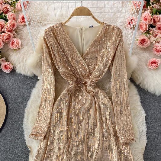 Sexy V-neck irregular Sequin dress 3097