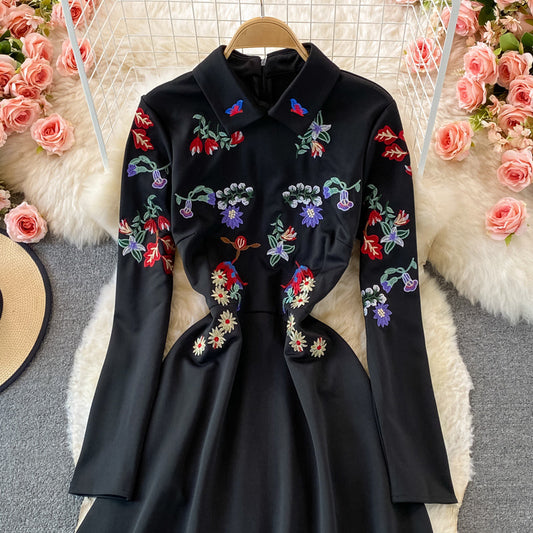 Celebrity temperament high-end Lapel embroidery dress 2916
