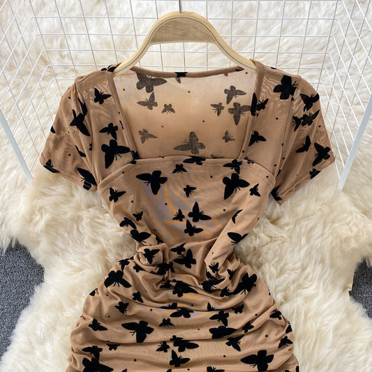 Clavicle pleated slim fit butterfly printed mesh small man Hip Wrap Dress 2773