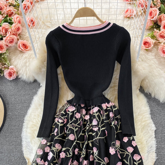 Mesh embroidered dress elegant temperament big swing skirt 2913