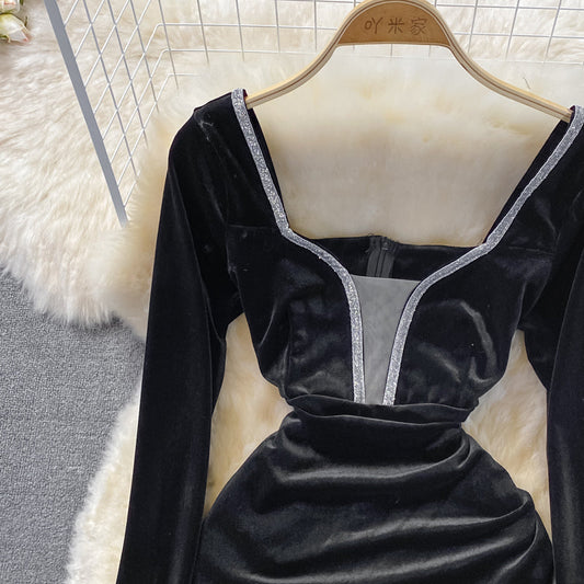 Korean new V-neck velvet with diamond temperament waist closing 2846