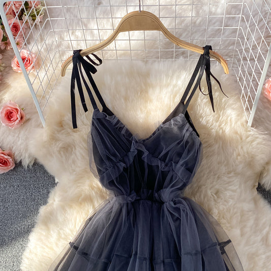 Bow tie tie waist closing thin mesh puffy dress 3071