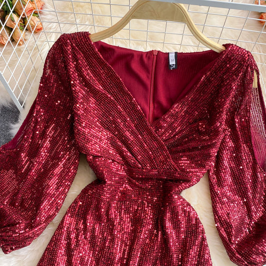 Celebrity light luxury Sequin short high-end V-neck dress 3068