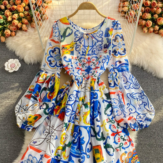 Blue and white porcelain printing gentle dress 3251