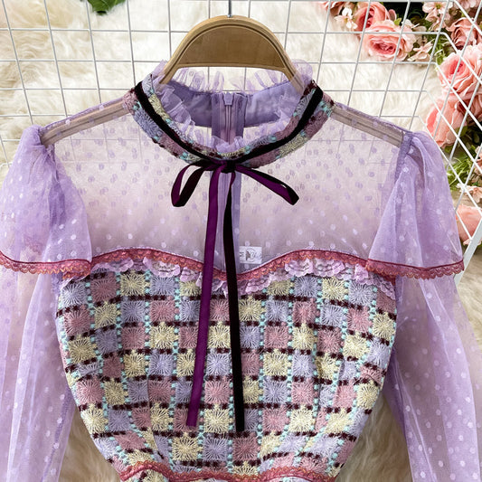 Collar ribbon Plaid embroidery lace dress 2912