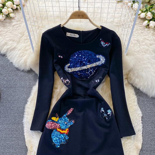 Heavy industry embroidery Sequin slim temperament round neck dress 3271