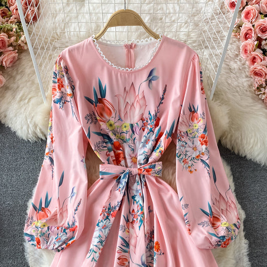 Court Style Vintage Lace Up waist slim print Crew Neck Dress 3211