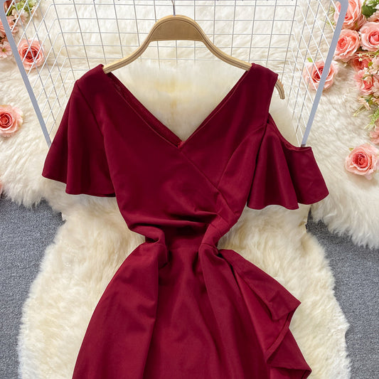 V-neck dress high-end atmospheric split skirt 2999