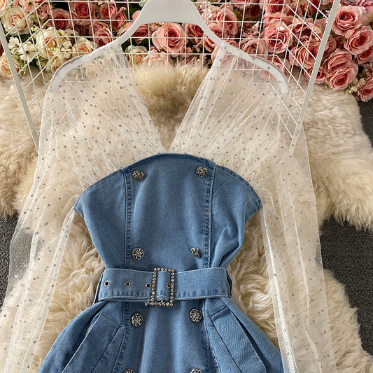 Slim mesh stitched denim A-line skirt dress 3438