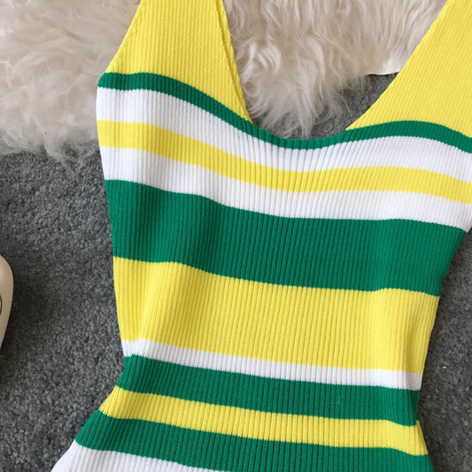 Contrast stripe V-neck vest skirt slim fit Hip Wrap Dress 3276