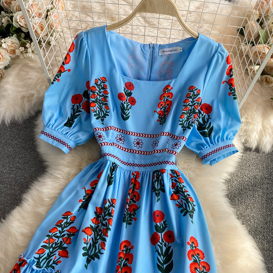 Korean foam sleeve knee length aging square neck dress 3325