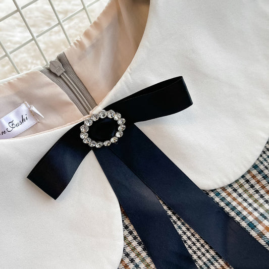 Xiaoxiangfeng doll neck high waist Plaid Dress 3387