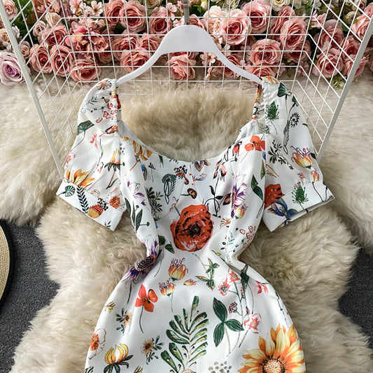 Square neck bubble sleeve slim print buttock dress 3161