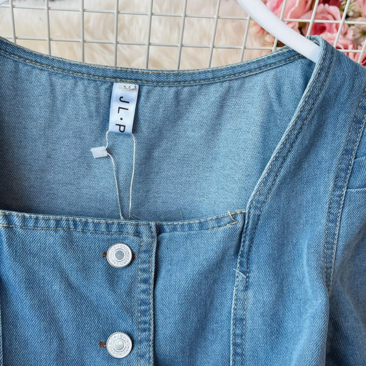 Square neck waist closing bubble sleeve denim dress 2971