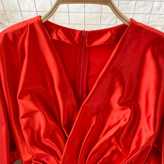 Satin high waist with thin V-neck irregular dress 3352