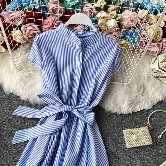 Striped light mature dress with slim waist 2947