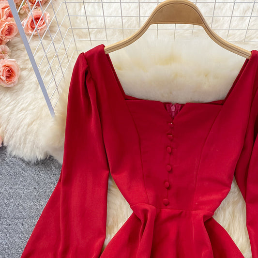 Temperament medium long high waist Thin Red Square Neck Dress 3361