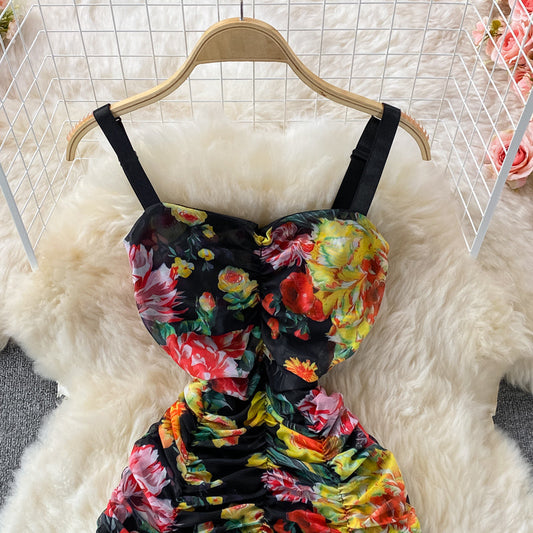 Suspender dress elastic slim mesh printed strapless and buttocks 2821