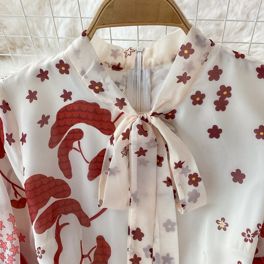 Temperament loose bow tie lace print dress 3351