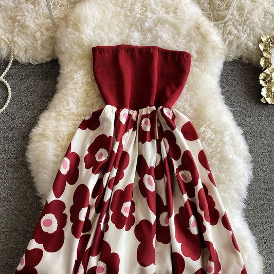 Vintage printed Strapless skirt with slim waist dress 2830