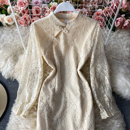 Retro Republic style cheongsam split slim lace dress 3145