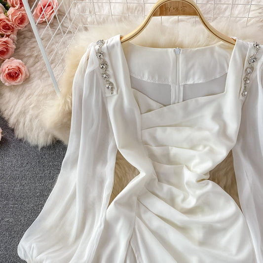 Korean French retro bubble sleeve temperament square neck dress 2844