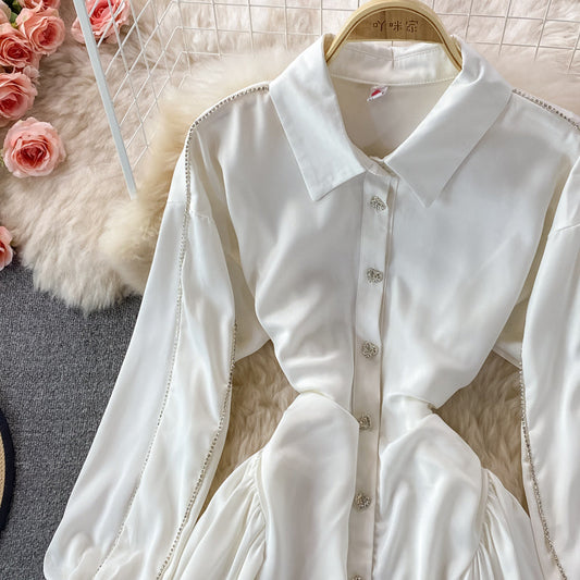 Slim long sleeve A-line shirt skirt waist puffy dress 3356