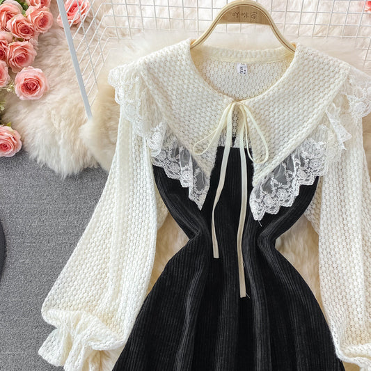 Lace stitching doll neck corduroy dress 3262