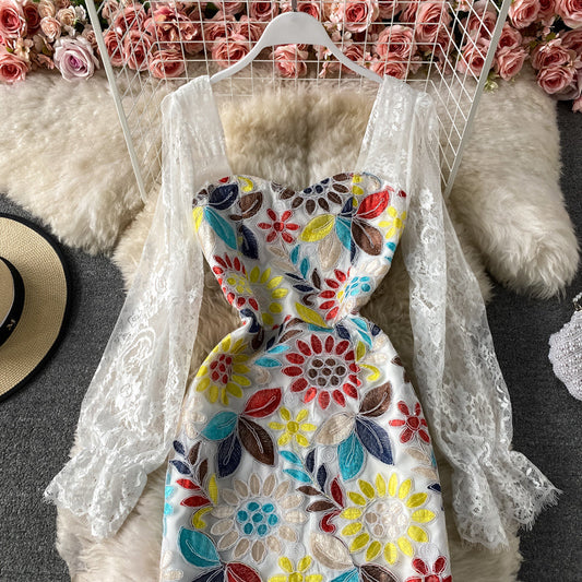 Slim temperament square neck lace embroidered split dress 3418