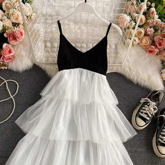 Cake puffy skirt super fairy V-neck suspender dress 2884
