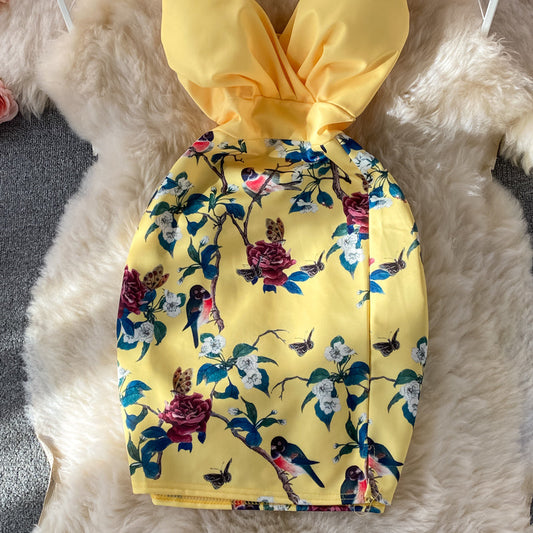 V-neck open back waist print stitching short Hip Wrap Dress 2833