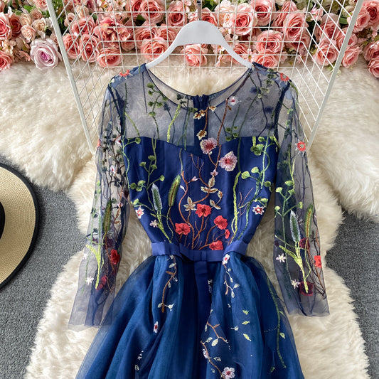 Mesh lace up banquet embroidery slim medium length dress 3162