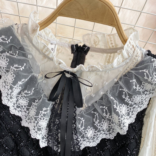 Sweet aging lace stitching stand collar Ruffle tweed dress 2919