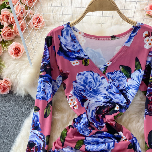 V-neck print slim split dress 3086