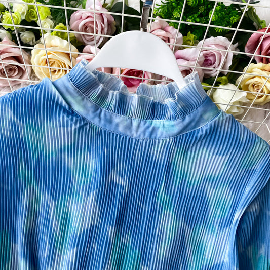 Loose white tie dyed ink print Pleated Chiffon Dress 2950